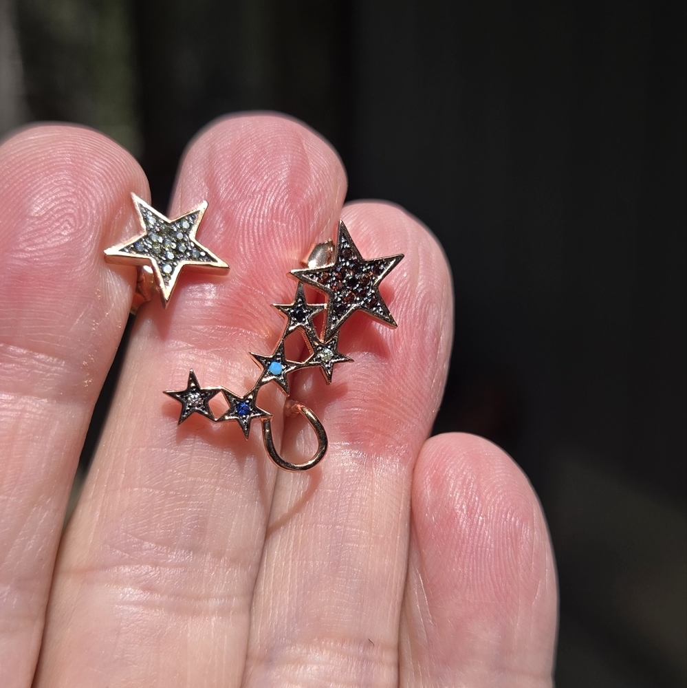Gold Star ear cuff & stud multi colored gems Sterling & Gold - Picture 8 of 11